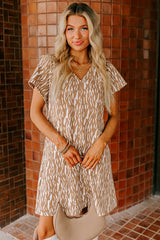 Khaki Abstract Print V Neck Short Sleeve Shift T Shirt Dress T Shirt Dresses JT's Designer Fashion