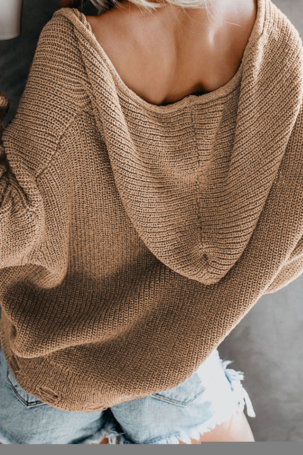 Khaki Zipper V-neck Dropped Sleeve Hooded Solid Sweater Sweaters & Cardigans JT's Designer Fashion