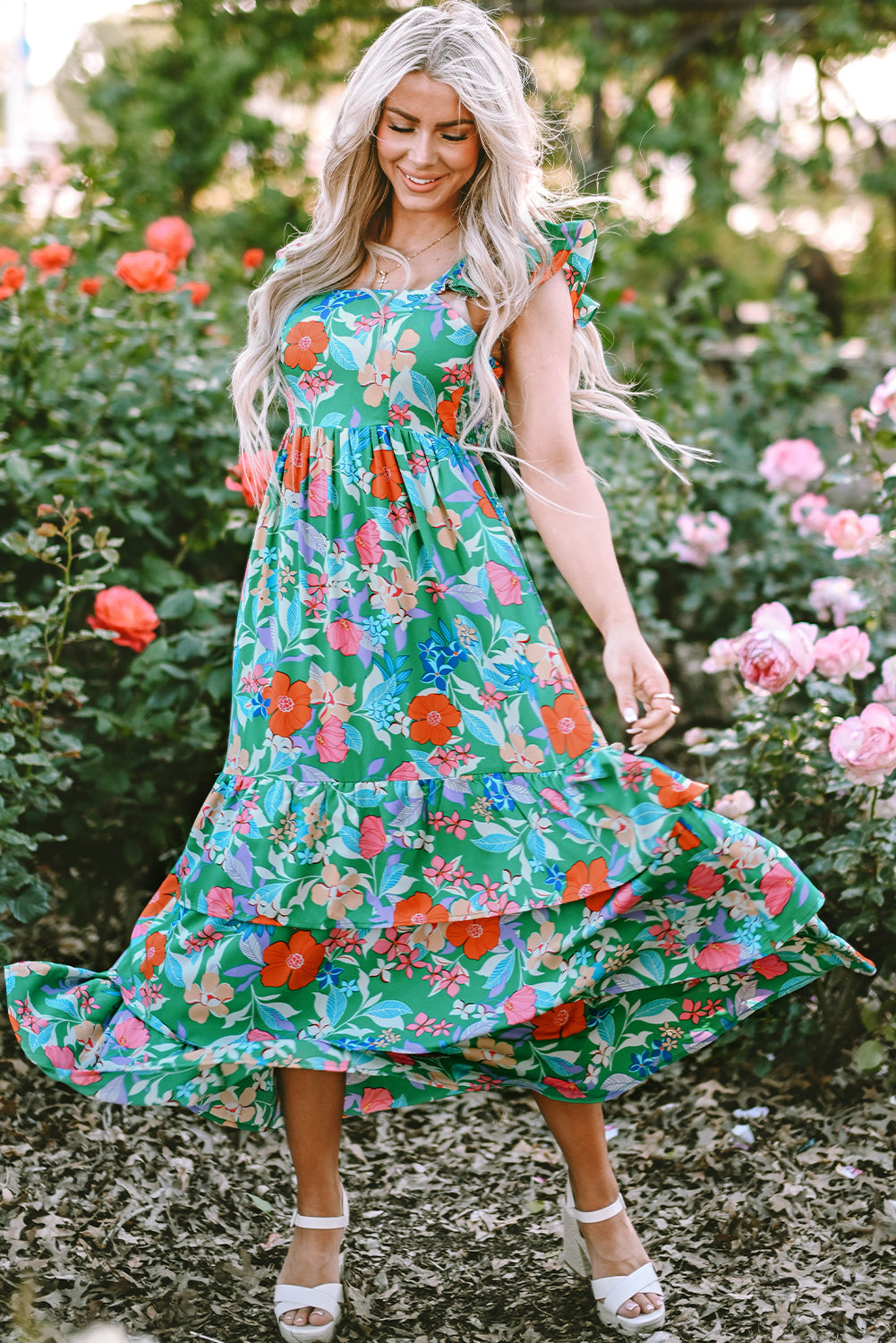 Green Floral Print Sleeveless Ruffle Tiered Maxi Dress Floral Dresses JT's Designer Fashion