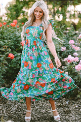 Green Floral Print Sleeveless Ruffle Tiered Maxi Dress Floral Dresses JT's Designer Fashion