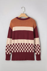 Brown Checkered Color Block Knitted Drop Shoulder Sweater Sweaters JT's Designer Fashion