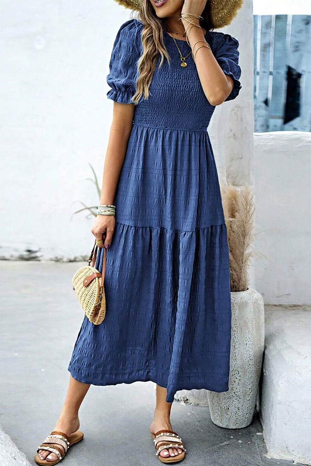 Sail Blue Solid Textured Smocked Puff Short Sleeve High Waist Long Dress Dresses JT's Designer Fashion