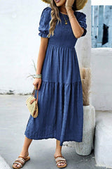 Sail Blue Solid Textured Smocked Puff Short Sleeve High Waist Long Dress Dresses JT's Designer Fashion