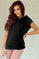 Black Solid Color Cap Sleeve Kangaroo Pocket Hoodie Sweatshirts & Hoodies JT's Designer Fashion