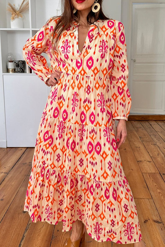 Orange Western Abstract Geometric Printed Long Dress Orange 100%Polyester Maxi Dresses JT's Designer Fashion