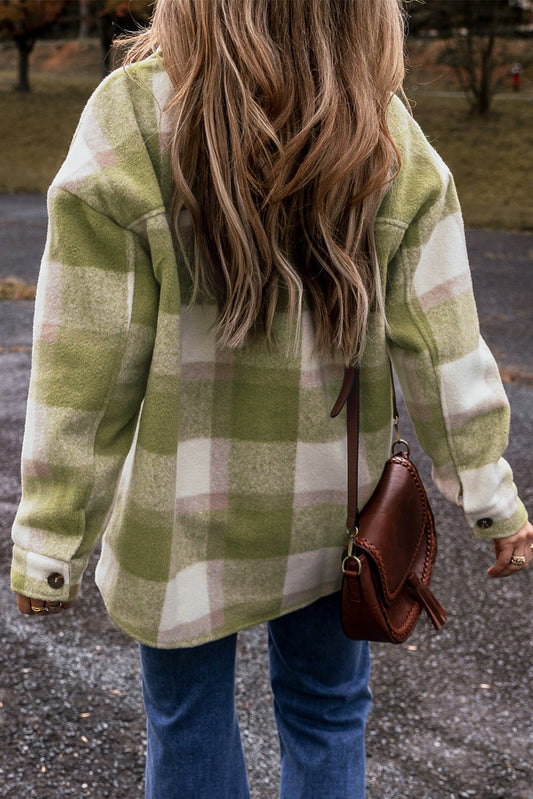 Sage Green Plaid Print Buttoned Flap Pockets Baggy Shacket Plaid Shackets JT's Designer Fashion