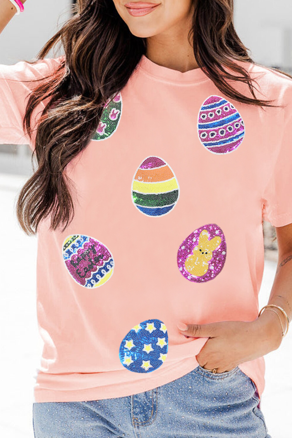 Pink Sequin Easter Eggs Graphic Crewneck T Shirt Graphic Tees JT's Designer Fashion
