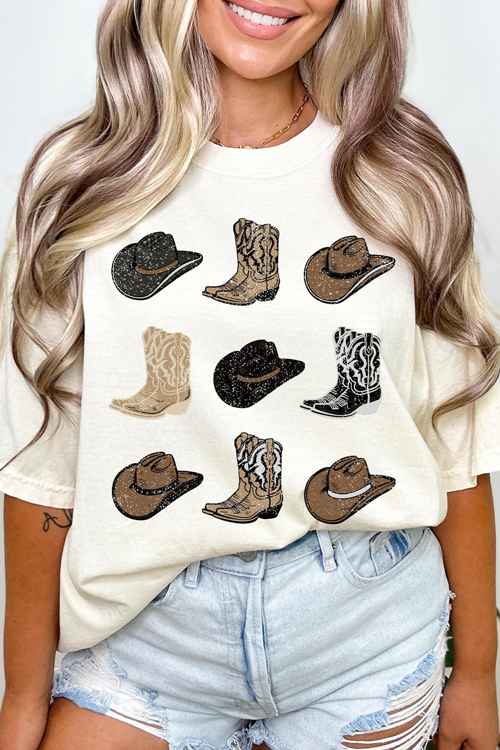 White Cowboys Boots Western Fashion Print T Shirt Graphic Tees JT's Designer Fashion