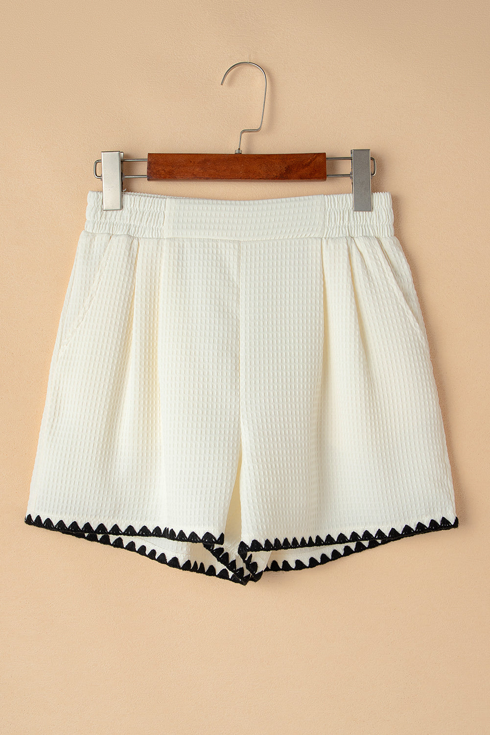 White Waffle Texture Contrast Ricrac Hemline Casual Shorts Casual Shorts JT's Designer Fashion