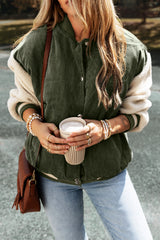 Mist Green Corduroy Fleece Patchwork Buttoned Bomber Jacket Jackets JT's Designer Fashion