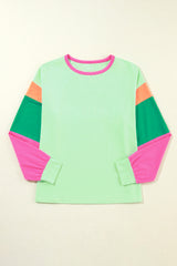 Green Colorblock Patchwork Long Sleeve Loose Top Long Sleeve Tops JT's Designer Fashion