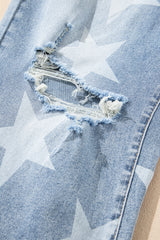 Sky Blue Star Printed Multi Buttons Slit Knee Destroyed Plus Size Jeans Plus Size Bottoms JT's Designer Fashion