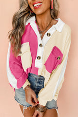 Rose Red Colorblock Ribbed Collared Oversized Sweatshirt Sweatshirts & Hoodies JT's Designer Fashion
