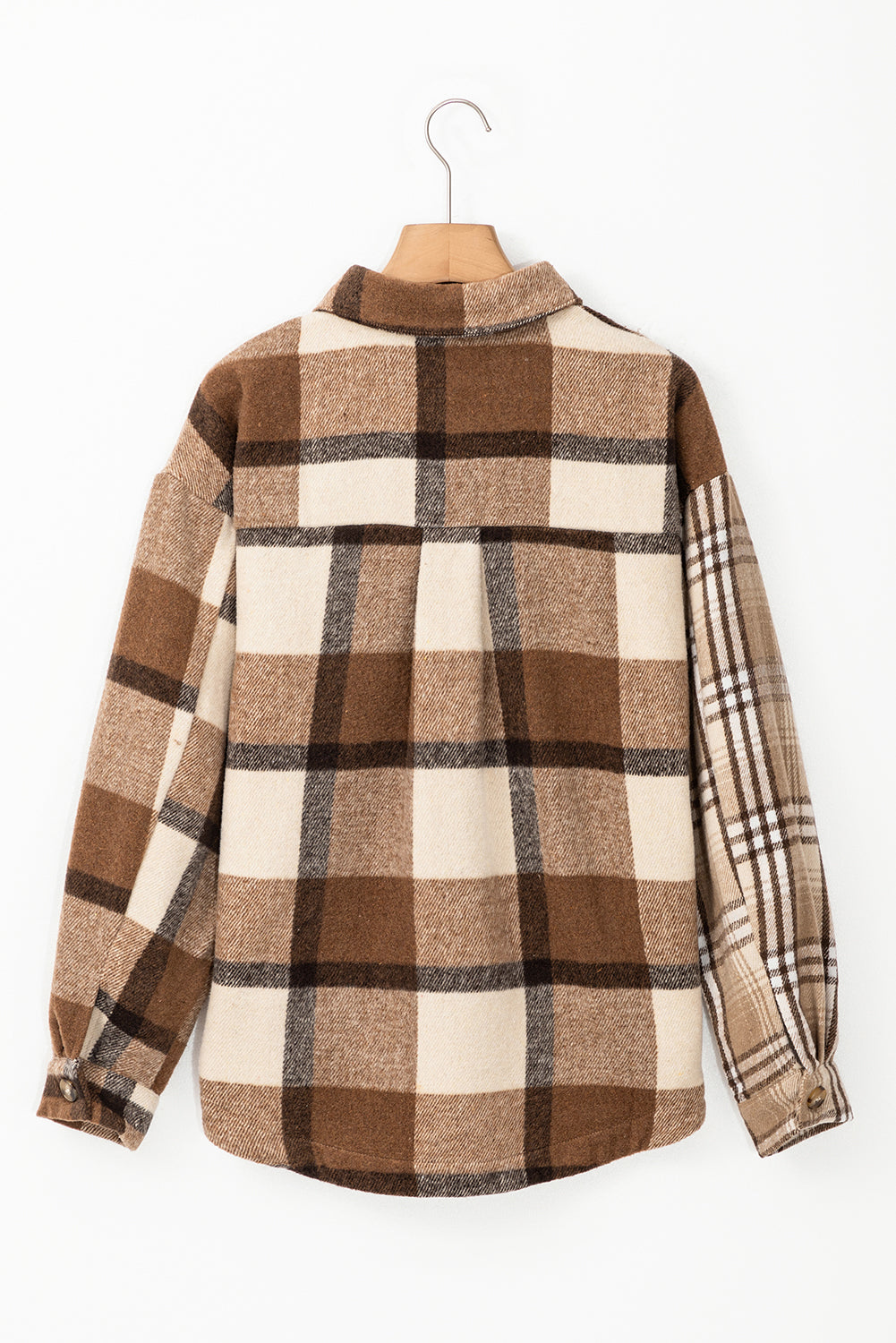 Light French Beige Flannel Plaid Double Flap Pocket Shacket Plaid Shackets JT's Designer Fashion