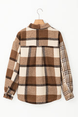 Light French Beige Flannel Plaid Double Flap Pocket Shacket Plaid Shackets JT's Designer Fashion