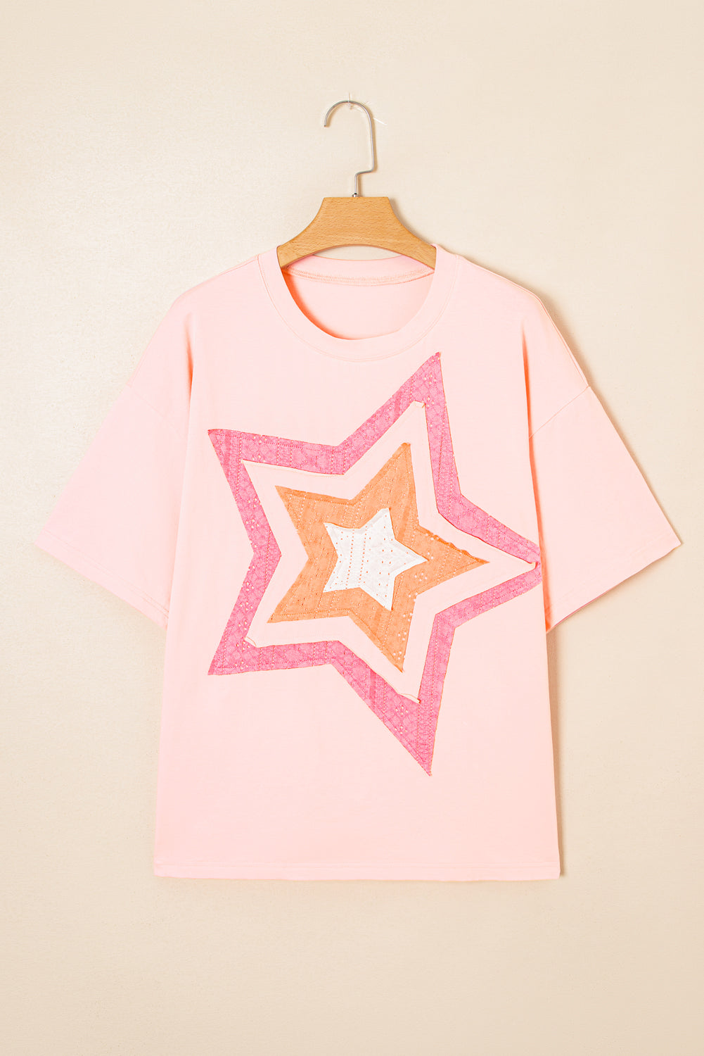 Light Pink Eyelet Lace Star Applique Plus Size T Shirt Plus Size Tops & Tees JT's Designer Fashion