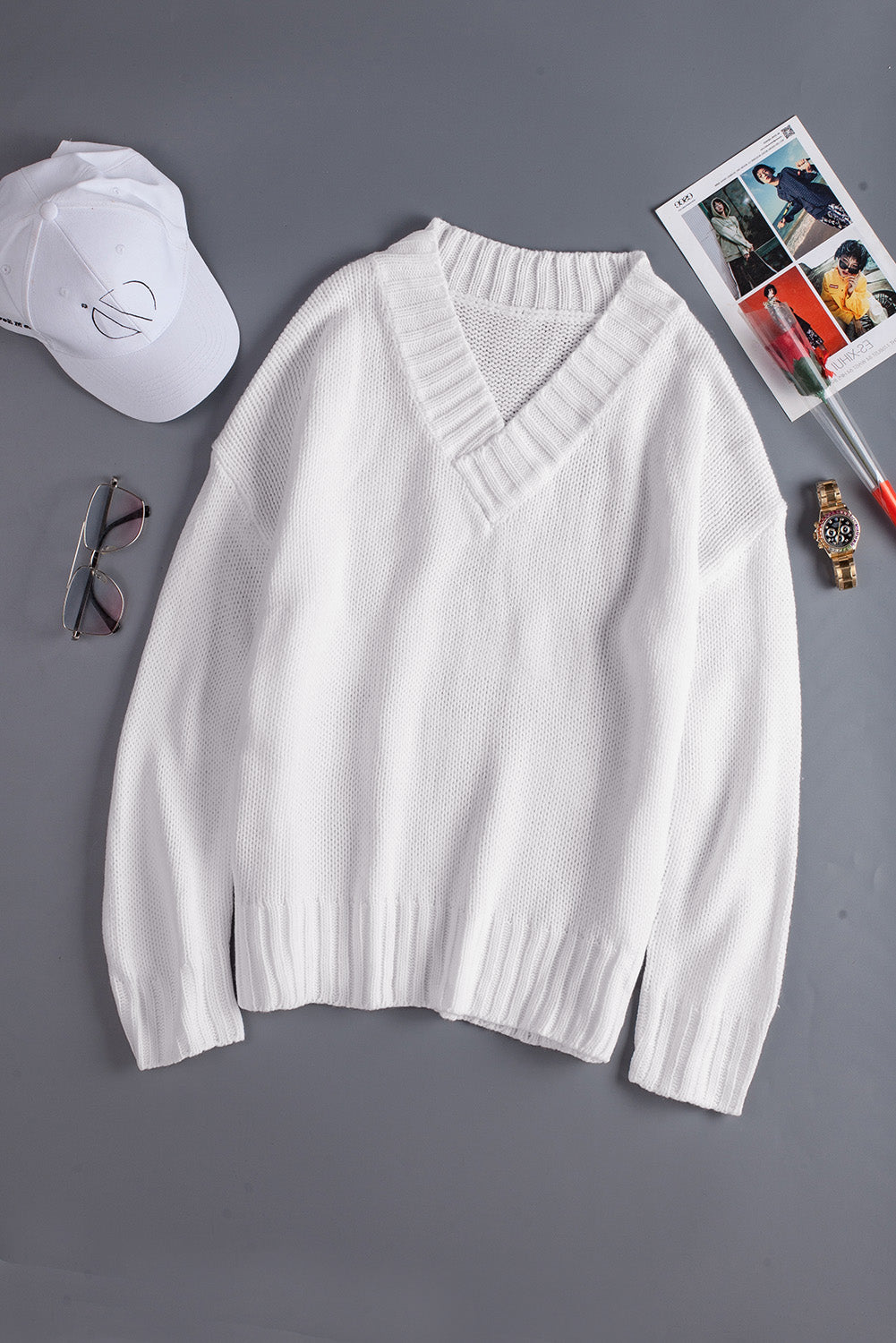 White V neck Drop Shoulder Knitted Sweater Sweaters & Cardigans JT's Designer Fashion