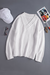 White V neck Drop Shoulder Knitted Sweater Sweaters & Cardigans JT's Designer Fashion
