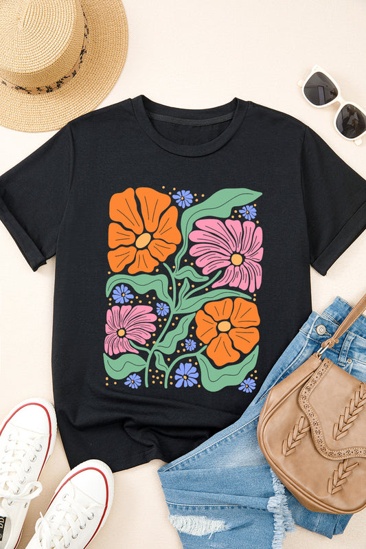 Black Colorful Flower Graphic Crewneck Summer Tee Graphic Tees JT's Designer Fashion