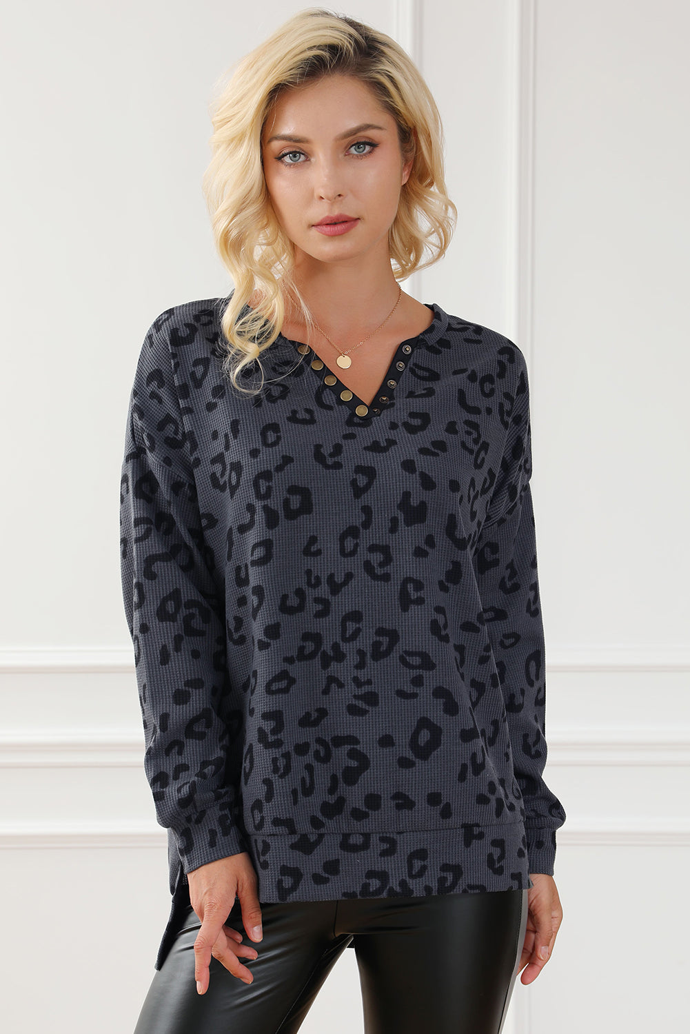 Gray Leopard Print Button Split Neck Waffle Sweatshirt Sweatshirts & Hoodies JT's Designer Fashion