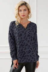 Gray Leopard Print Button Split Neck Waffle Sweatshirt Sweatshirts & Hoodies JT's Designer Fashion