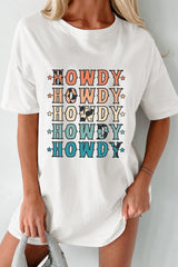 White HOWDY Stars Print Crew Neck Loose Fit T Shirt Graphic Tees JT's Designer Fashion