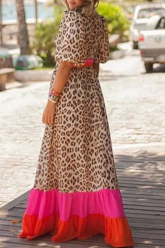 Bright Pink Leopard Colorblock Patchwork Bubble Sleeve Long Dress Maxi Dresses JT's Designer Fashion