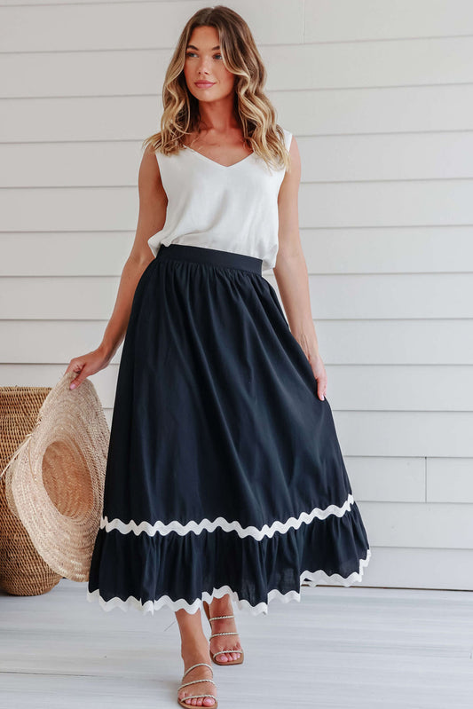 Black Ricrac Trim Colorblock High Waist Long Skirt Bottoms JT's Designer Fashion