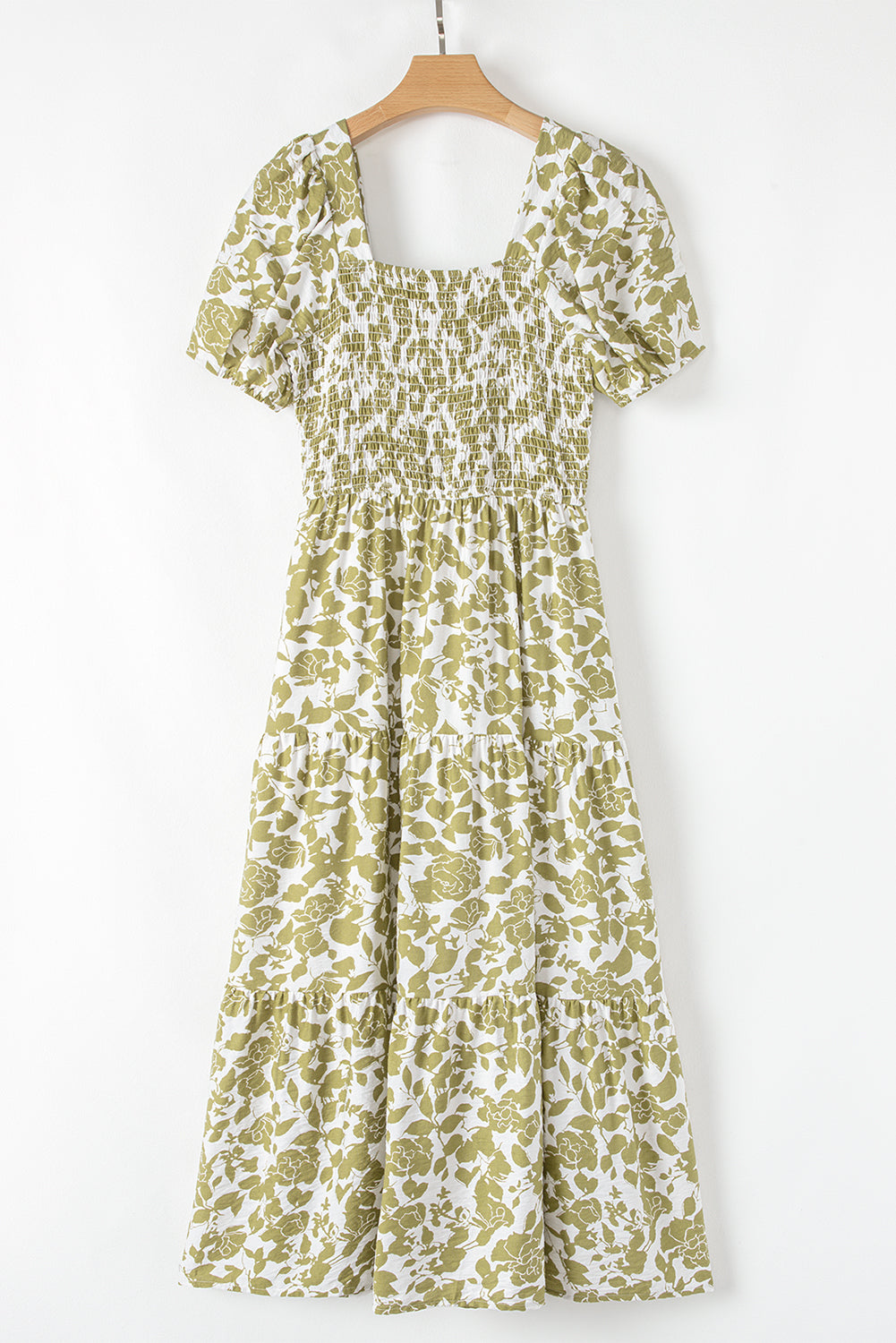 Yellow Boho Floral Square Neck Smocked Bust Puff Sleeve Tiered Long Dress Floral Dresses JT's Designer Fashion