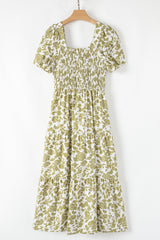 Yellow Boho Floral Square Neck Smocked Bust Puff Sleeve Tiered Long Dress Floral Dresses JT's Designer Fashion
