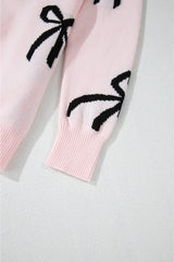 Light Pink Bow Pattern Knitted Loose Fit Sweater Sweaters JT's Designer Fashion