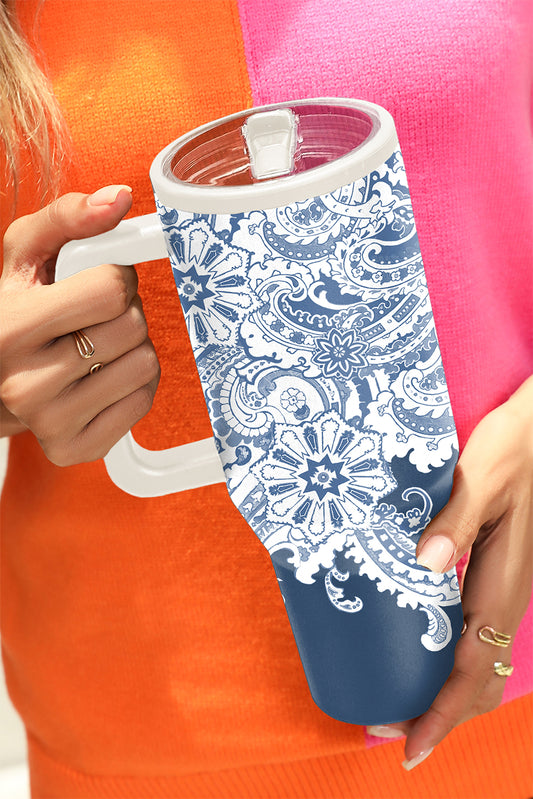 Sky Blue Vintage Pattern Print Stainless Steel Portable Cup 40oz Tumblers JT's Designer Fashion