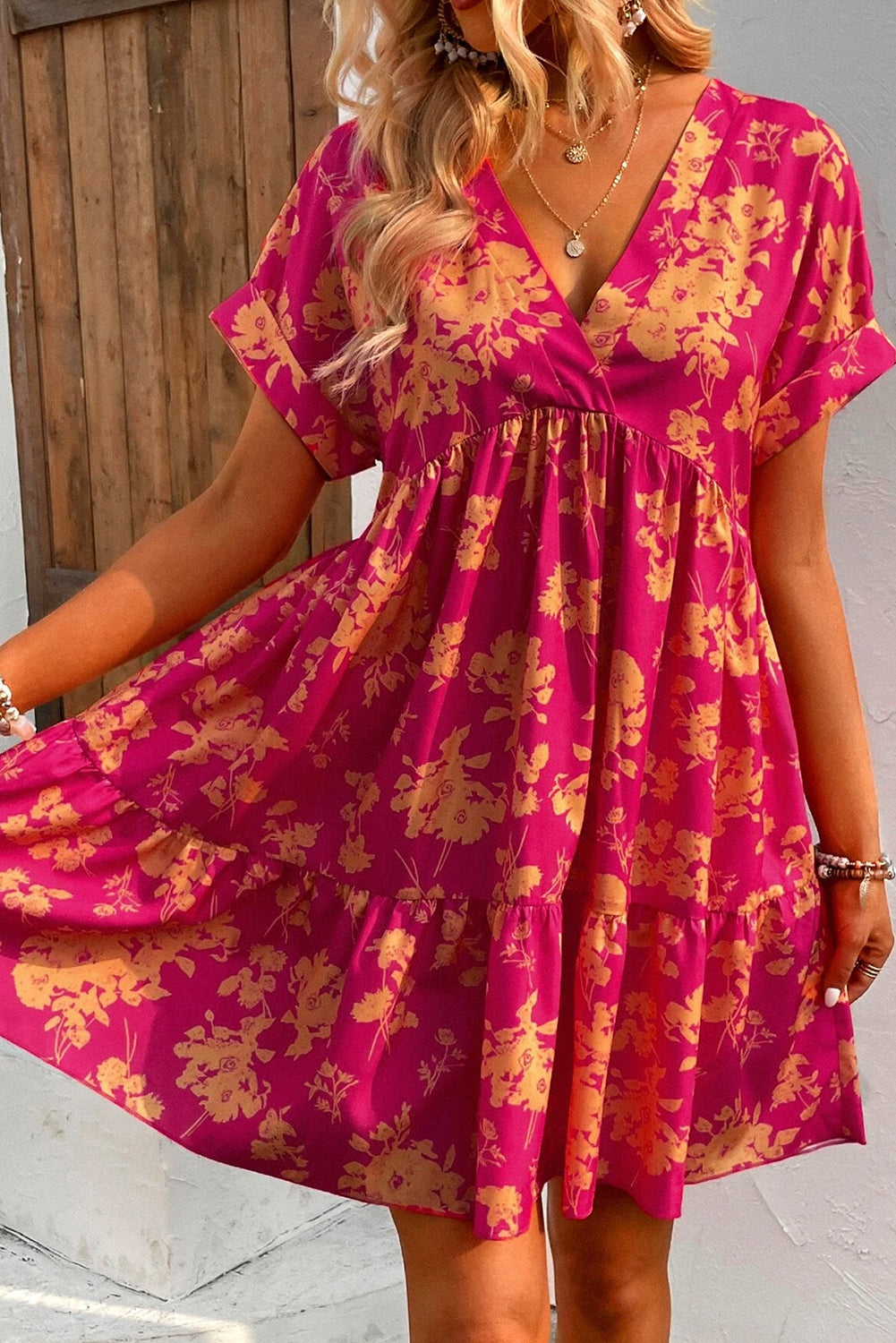 Rose Floral Print Batwing Sleeve Smock Dress Floral Dresses JT's Designer Fashion