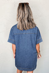 Blue Short Sleeve Collared Patched Pocket Denim Mini Dress Mini Dresses JT's Designer Fashion