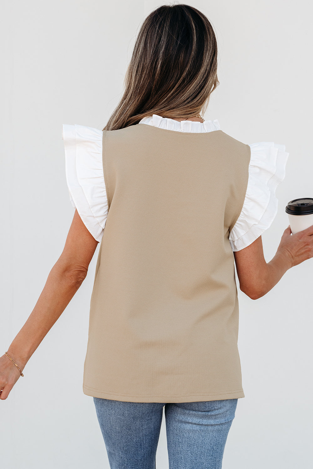 Pale Khaki Contrast V Neck Ruffled Textured Knit Top Blouses & Shirts JT's Designer Fashion