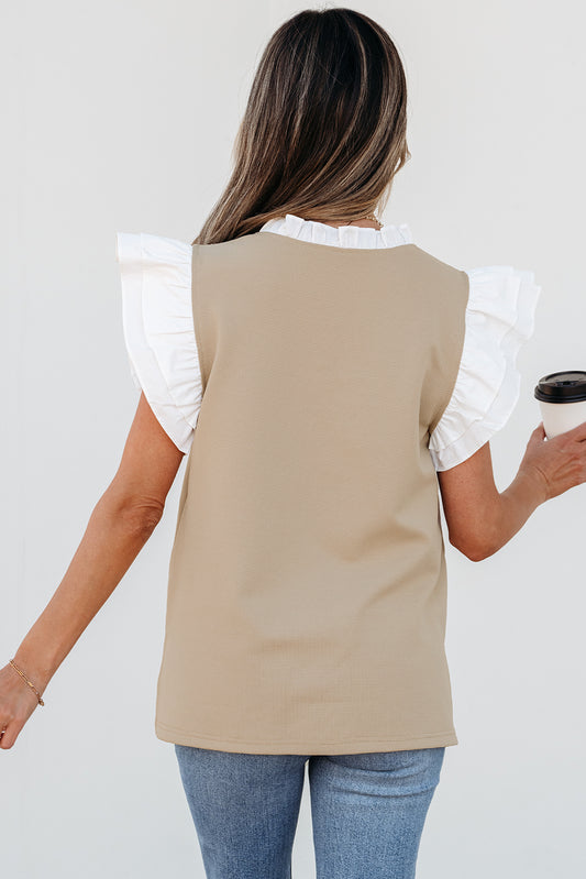 Pale Khaki Contrast V Neck Ruffled Textured Knit Top Blouses & Shirts JT's Designer Fashion
