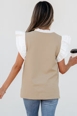Pale Khaki Contrast V Neck Ruffled Textured Knit Top Blouses & Shirts JT's Designer Fashion