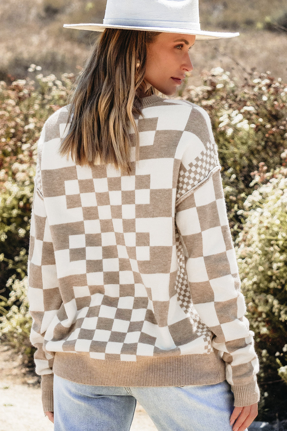 Khaki Checkered Print Drop Shoulder Round Neck Sweater Sweaters JT's Designer Fashion