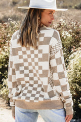 Khaki Checkered Print Drop Shoulder Round Neck Sweater Sweaters JT's Designer Fashion