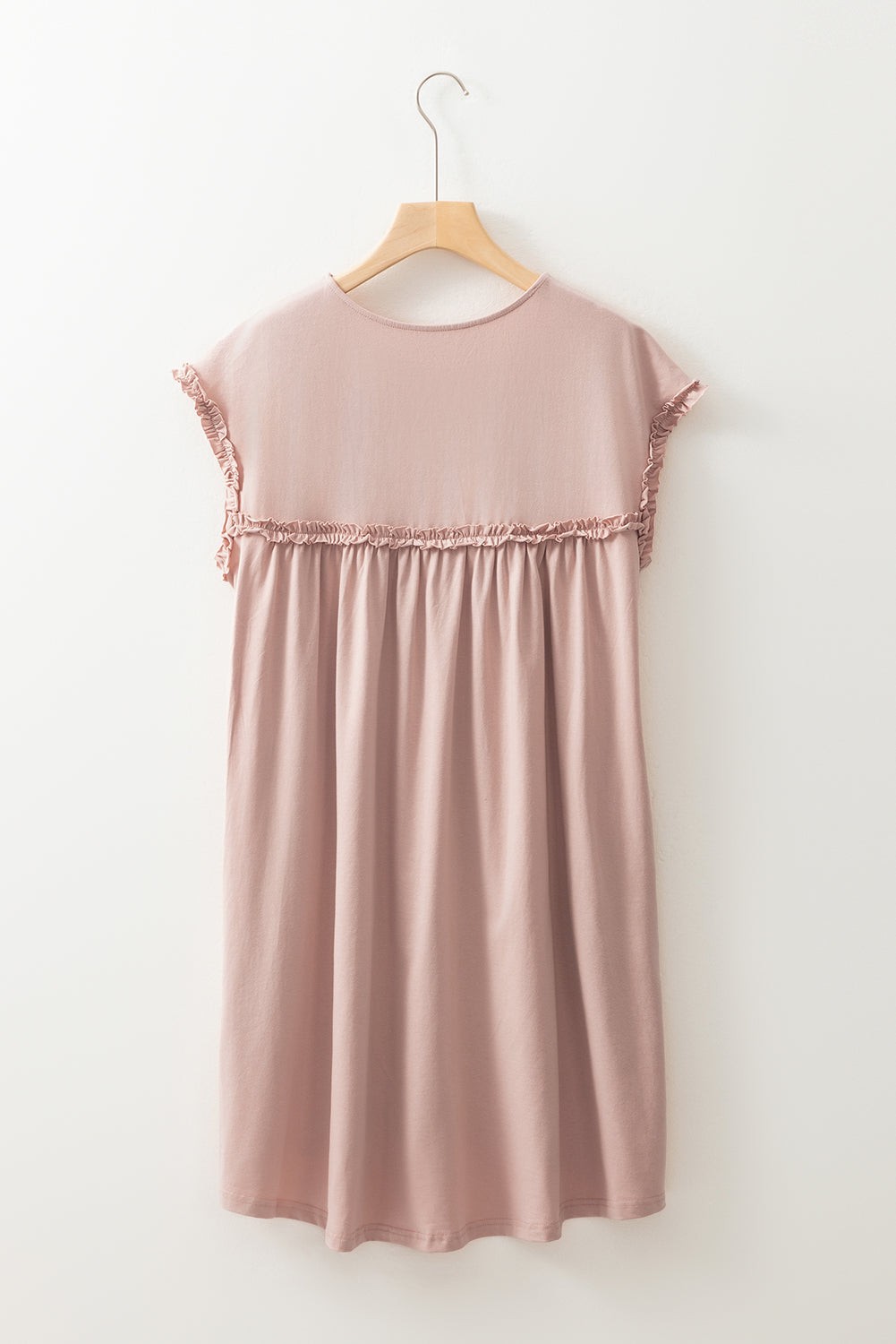 Oatmeal Frilled Trim Crew Neck Loose Fit Mini Dress Mini Dresses JT's Designer Fashion