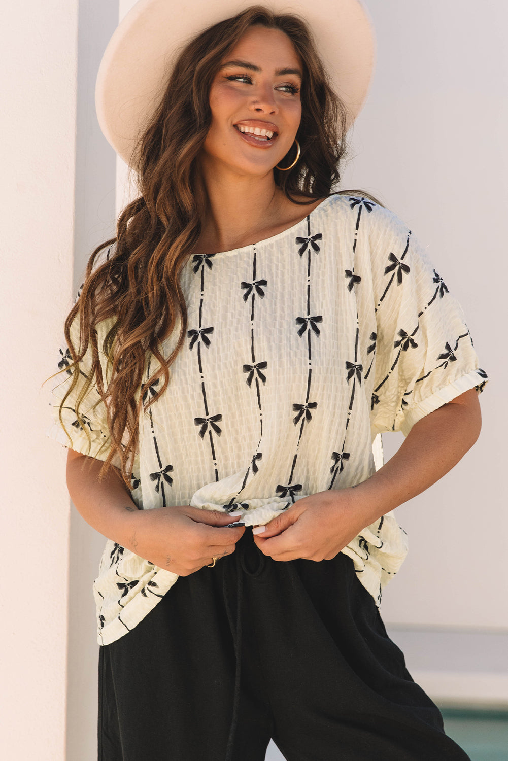 Beige Bow Print Puff Short Sleeve Top Blouses & Shirts JT's Designer Fashion