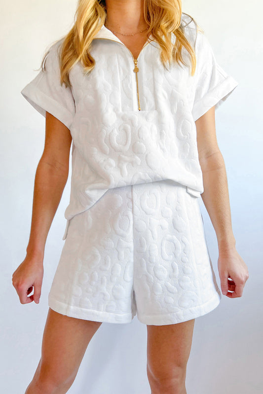 White Leopard Jacquard Quarter Zip Tee and Shorts Set White 97%Polyester+3%Elastane Short Sets JT's Designer Fashion