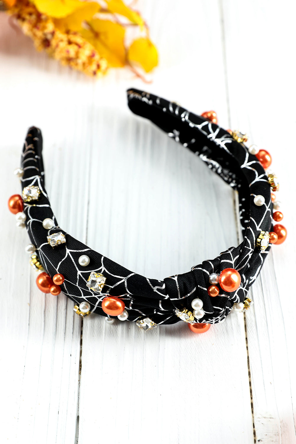 Black Pearled Rhinestone Knotted Spiderweb Halloween Headband Headwear JT's Designer Fashion