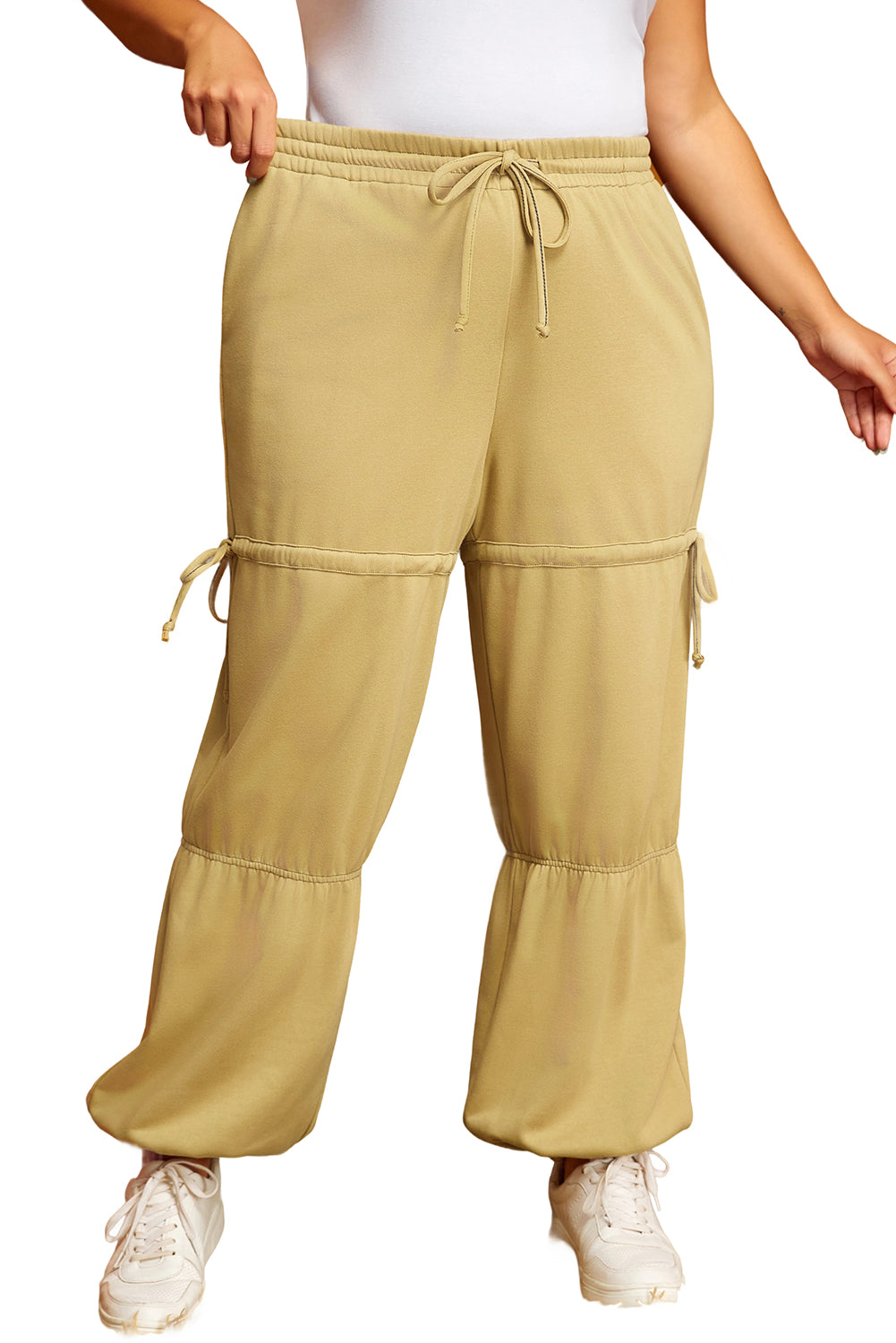 Beige Drawstring Adjusted Band High Waist Plus Size Pants Plus Size Bottoms JT's Designer Fashion