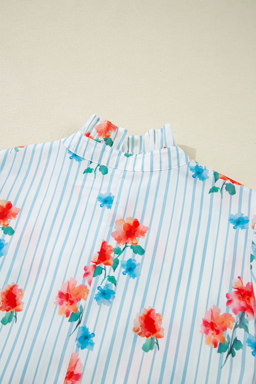 Sky Blue Stripe Floral Pattern Ruffle Short Sleeve Belted Mini Dress Dresses JT's Designer Fashion