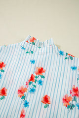 Sky Blue Stripe Floral Pattern Ruffle Short Sleeve Belted Mini Dress Dresses JT's Designer Fashion
