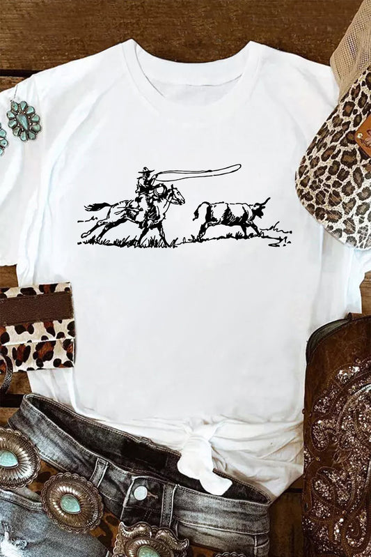 White Western Rodeo Graphic Casual T Shirt Graphic Tees JT's Designer Fashion