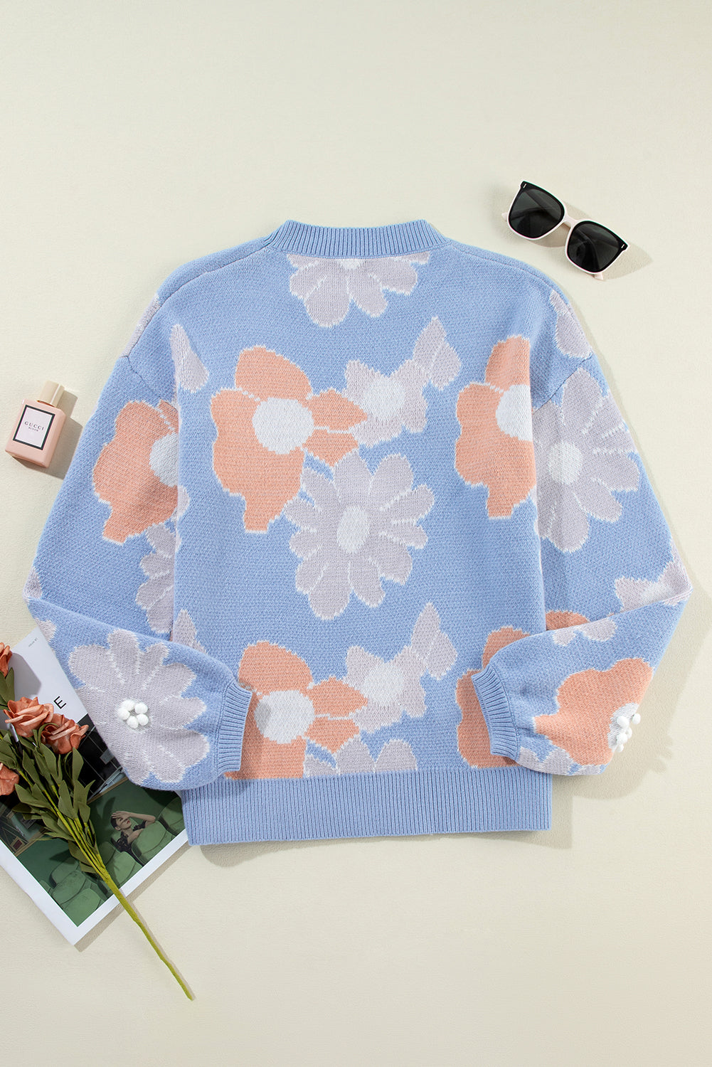 Beau Blue Floral O Neck Drop Shoulder Knitted Sweater Sweaters JT's Designer Fashion