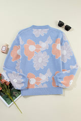 Beau Blue Floral O Neck Drop Shoulder Knitted Sweater Sweaters JT's Designer Fashion