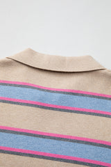Apricot Stripe Collared V Neck Drop Shoulder Loose Sweater Sweaters JT's Designer Fashion